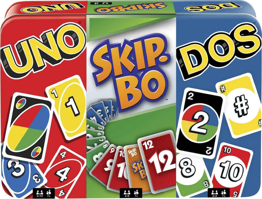 Mattel Games Set of 3 Games with UNO Skip-Bo & DOS Travel Games for Kids & Family Night with Storage Tin Box